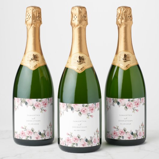 Aangepaste Roze Bloemen Trouwen Sparkling Wijnetiket (Flessen)