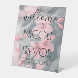Aangepaste Roze Bloemen Turquoise Welkom Trouw Reclamebord Met Voetstuk