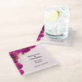 Aangepaste roze bloemenbruiloft Jubileum Glazen Onderzetter (Schuin)