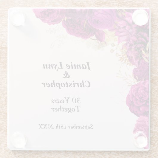 Aangepaste roze bloemenbruiloft Jubileum Glazen Onderzetter (Achterkant)