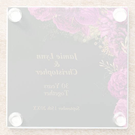 Aangepaste roze bloemenbruiloft Jubileum Glazen Onderzetter (Achterkant)