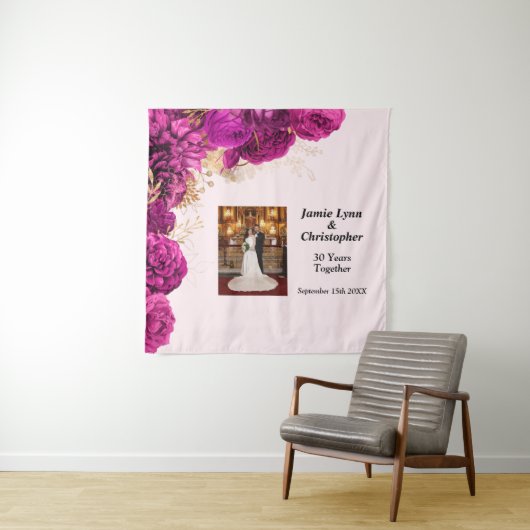 Aangepaste roze bloemenbruiloft Jubileum tapijt Wandkleed (In situ)