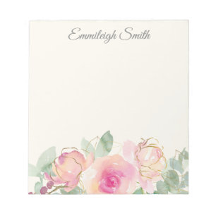 Aangepaste Roze Bloemige Groene Elegante Script Notitieblok