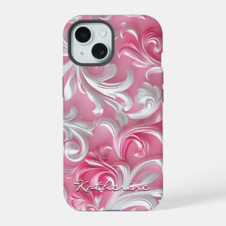 Aangepaste Roze Bloemige iPhone Hoes| Roze & Wit 15 Case