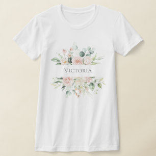 Aangepaste roze Blush Waterverf Floral naam T-shirt