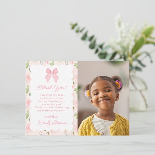 Aangepaste Roze Bow Bloemen Coquette Esthetische F Bedankkaart (Staand voorkant)