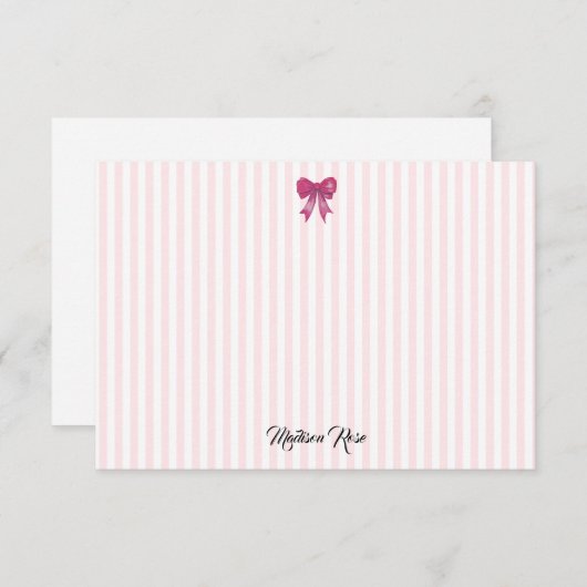Aangepaste Roze Bow Roze Stripe Preppy Bedankkaart (Voorkant / Achterkant)