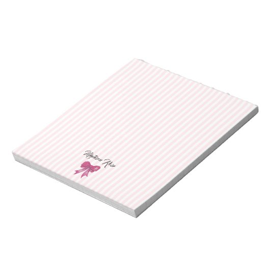 Aangepaste Roze Bow Roze Stripe Preppy Notitieblok (Linkerzijde)