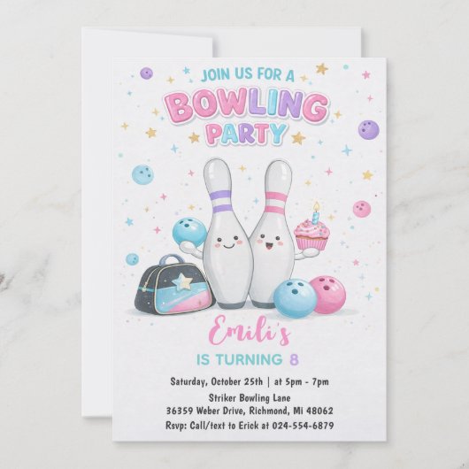 Aangepaste Roze Bowling Verjaardagsfeestje Kaart (Voorkant)