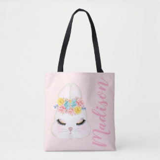 Aangepaste Roze Bunny Face Floral Tote Bag