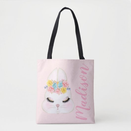 Aangepaste Roze Bunny Face Floral Tote Bag (Voorkant)