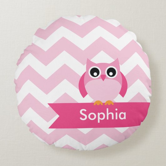 Aangepaste roze Chevron Owl Rond Kussen (Voorkant)