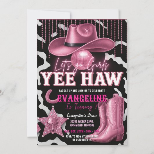 Aangepaste Roze Cowgirl Verjaardagsuitnodiging Kaart (Voorkant)