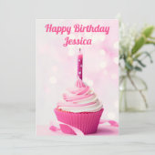 Aangepaste Roze Cupcake Foto Gelukkige Verjaardag Kaart (Staand voorkant)