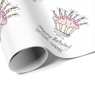 Aangepaste roze cupcake met Birthday-kaarstekening Cadeaupapier
