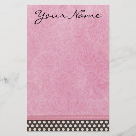 Aangepaste roze Damask met Polka Dot Briefpapier (Voorkant)