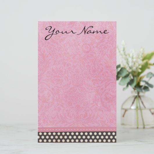 Aangepaste roze Damask met Polka Dot Briefpapier (Staand voorkant)
