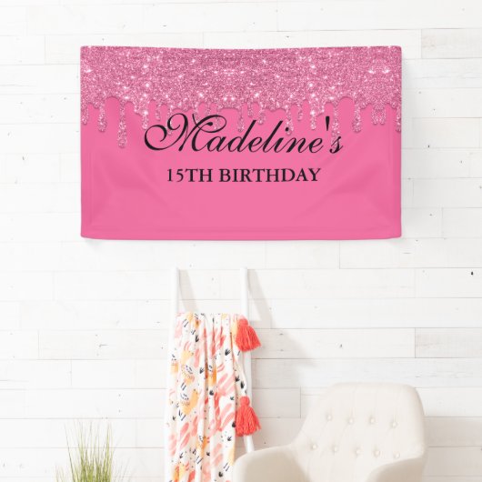 Aangepaste roze druppelaar Glitter Birthday Spandoek (Insitu)