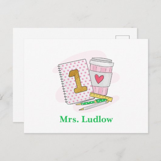 Aangepaste roze eerste klas leraar waardering briefkaart (Voorkant / Achterkant)