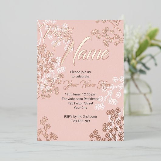 Aangepaste Roze Elegante Bloemige Bloeiende Feest Folie Uitnodiging (Staand Voorkant)