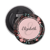 Aangepaste roze en Blauwgroen donkere Floral Button Flesopener (Voorkant)