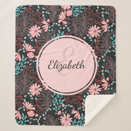 Aangepaste roze en Blauwgroen donkere Floral Sherpa Deken (Voorkant)