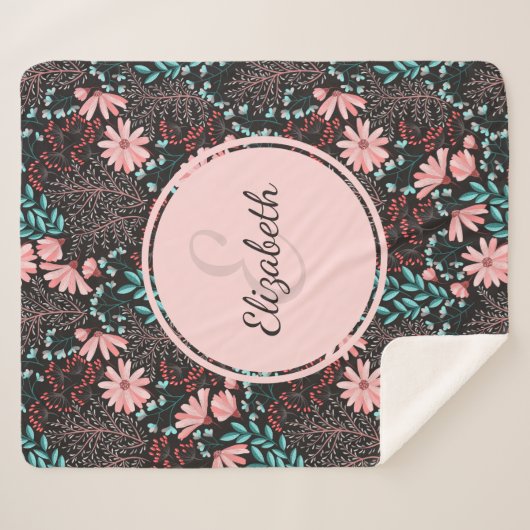 Aangepaste roze en Blauwgroen donkere Floral Sherpa Deken (Voorkant (horizontaal))