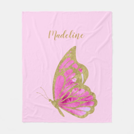 Aangepaste roze en gouden vlinder fleece deken (Voorkant)