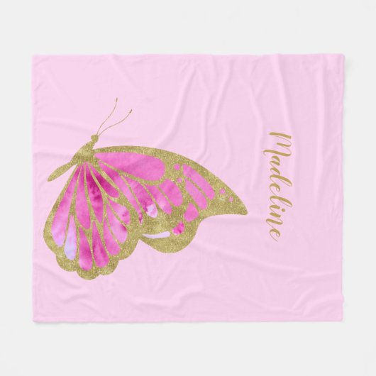 Aangepaste roze en gouden vlinder fleece deken (Voorkant (Horizontaal))