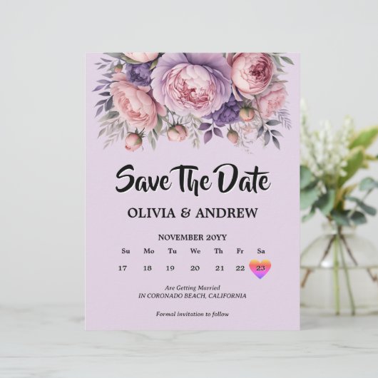 Aangepaste Roze en Paarse Bloemen Save the Date Ka (Staand voorkant)