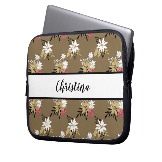 Aangepaste roze en witte flora laptop sleeve (Voorkant Links)