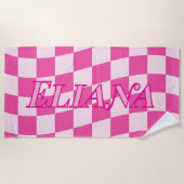 Aangepaste roze en witte geruite naam strandlaken (Voorkant)