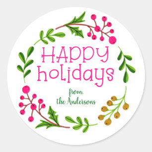 Aangepaste roze en witte Kerstkrans Ronde Sticker