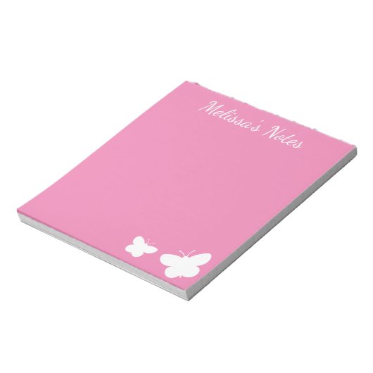 Aangepaste roze en witte schattige vlinders notitieblok (Linkerzijde)