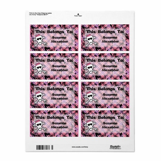 Aangepaste Roze en Zwarte Schedel w Crossbones Boe Etiket (Full Sheet)