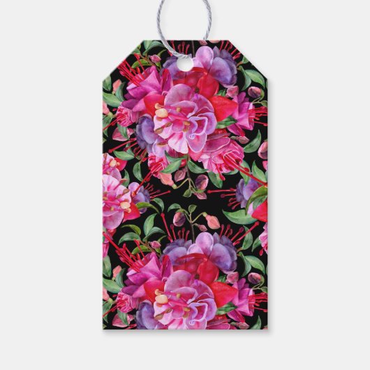 Aangepaste roze en zwarte Waterverf Fuchsia bloeit Cadeaulabel (Voorkant)