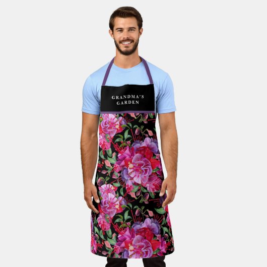 Aangepaste roze en zwarte Waterverf Fuchsia bloeit Schort (Gedragen)