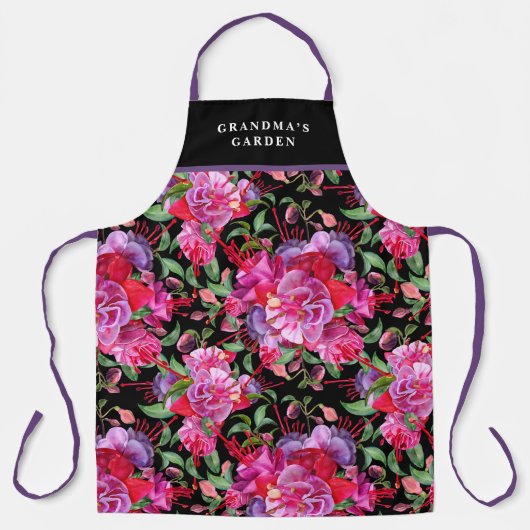 Aangepaste roze en zwarte Waterverf Fuchsia bloeit Schort (Voorkant)