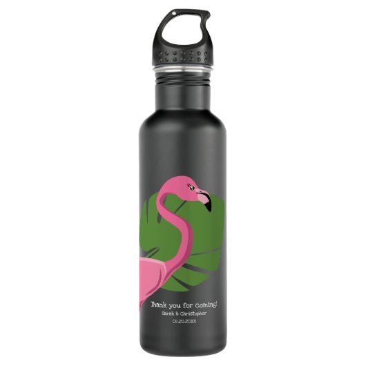 Aangepaste roze Flamingo Destination bruiloft Waterfles (Voorkant)