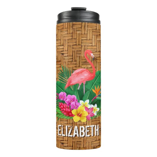 Aangepaste roze flamingo Floral Wicker Print Thermosbeker (Voorkant)