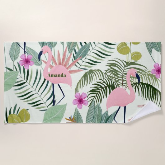 Aangepaste Roze Flamingo Groene Blad Meisjesuitje Strandlaken (Voorkant)