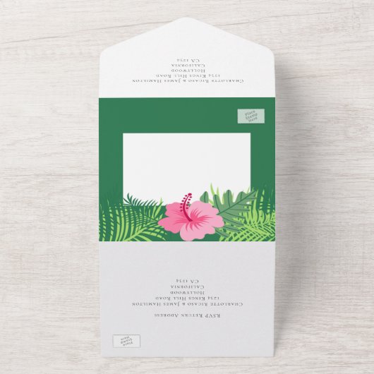 Aangepaste roze flamingo Tropical Wedding All In One Uitnodiging (Buitenkant)