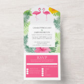 Aangepaste roze flamingo Tropical Wedding All In One Uitnodiging (Binnen)
