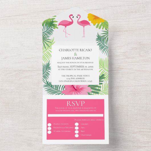 Aangepaste roze flamingo Tropical Wedding All In One Uitnodiging (Binnen)