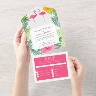 Aangepaste roze flamingo Tropical Wedding All In One Uitnodiging