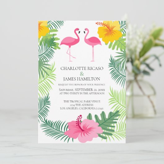 Aangepaste roze flamingo Tropical Wedding Kaart (Staand voorkant)