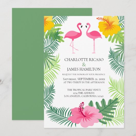 Aangepaste roze flamingo Tropical Wedding Kaart (Voorkant / Achterkant)