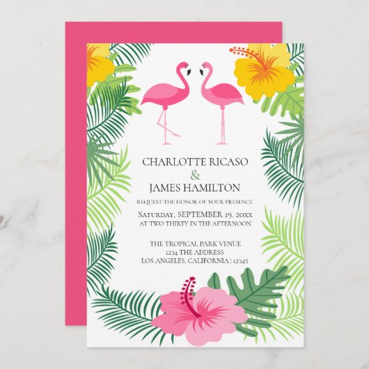 Aangepaste roze flamingo Tropical Wedding Kaart (Voorkant / Achterkant)
