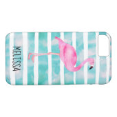 Aangepaste roze flamingo Turquoise Blue Stripes Case-Mate iPhone Case (Achterkant (Horizontaal))