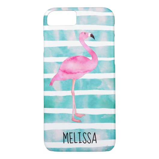 Aangepaste roze flamingo Turquoise Blue Stripes Case-Mate iPhone Case (Achterkant)